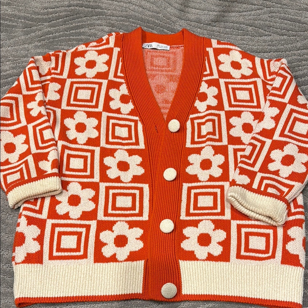 Zara Orange and Cream Floral Cardigan